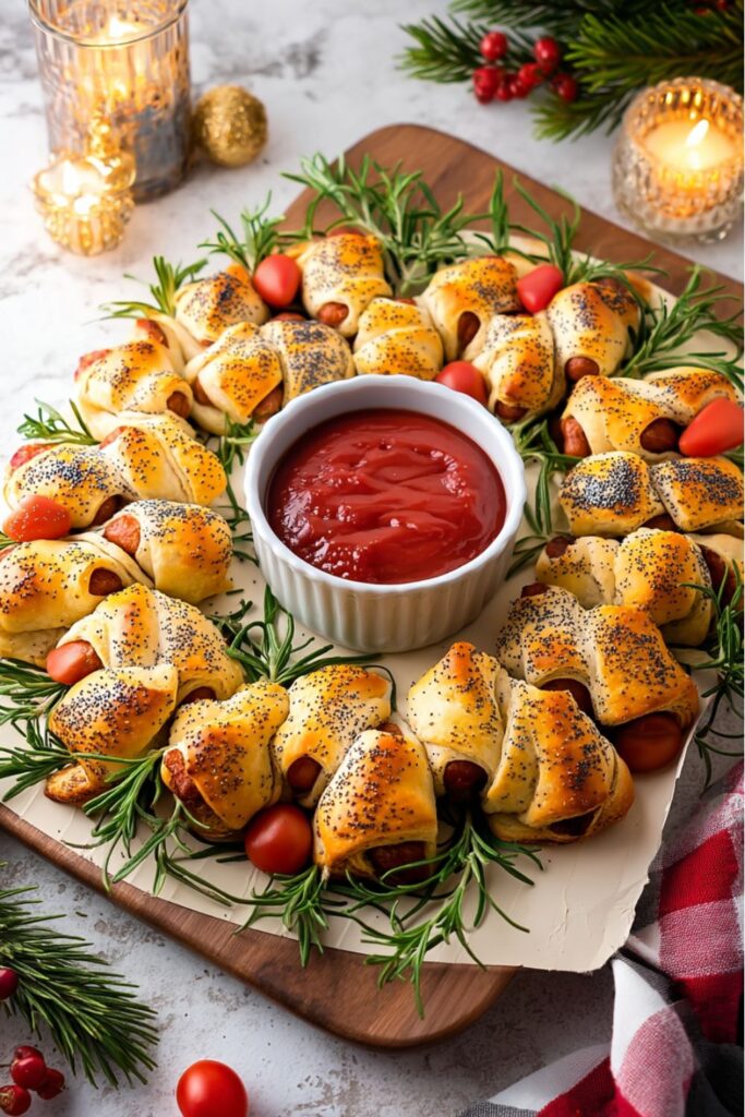A festive holiday platter featuring Christmas themed snacks arranged into a wreath shape. The savory snacks are baked "Pigs in a Blanket" (sausages wrapped in pastry dough and sprinkled with poppy seeds) surrounding a small white bowl of dipping sauce (ketchup or cocktail sauce). It is garnished with fresh rosemary sprigs and cherry tomatoes. These make for great Christmas Eve Dessert Ideas (or appetizers).