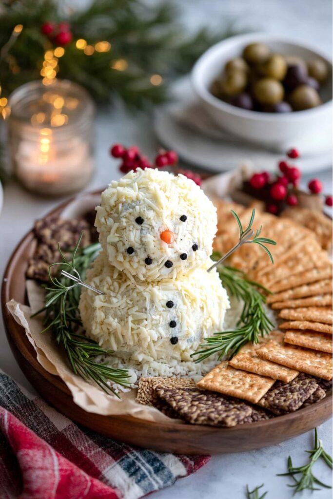 A savory, Christmas themed snack platter featuring a stacked cheese ball shaped like a snowman. The snowman cheese ball is coated in shredded white cheese and decorated with black olive pieces for eyes and buttons, a small carrot piece for a nose, and rosemary sprigs for arms and a bed of "snow." It is served in a round wooden platter surrounded by various crackers and is an Impressive Christmas Dessert (or appetizer) idea.