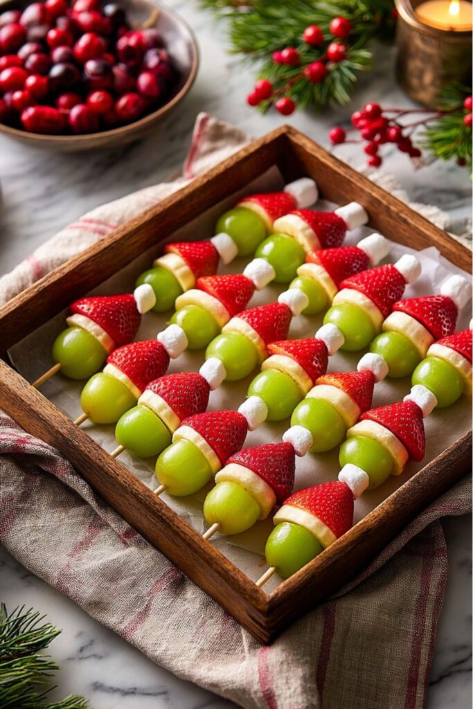 ​A tray of healthy and creative Christmas themed snacks, consisting of food skewers assembled to look like Santa hats. Each skewer contains a large green grape, a small slice of banana, and a halved strawberry with a miniature marshmallow tip. These fruit skewers are a fun Christmas Eve Dessert Idea for kids.