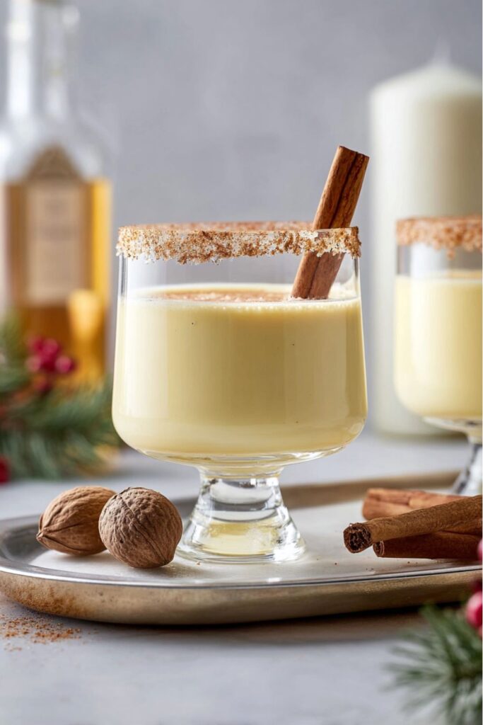 A creamy glass of spiked eggnog topped with freshly grated nutmeg, served on a marble countertop with a festive holiday backdrop.