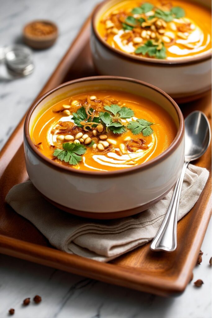 Two bowls of creamy Carrot Ginger Soup on a wooden tray, topped with cream, pine nuts, and cilantro. An Immune-Boosting and Comfort Soup Recipe for January.