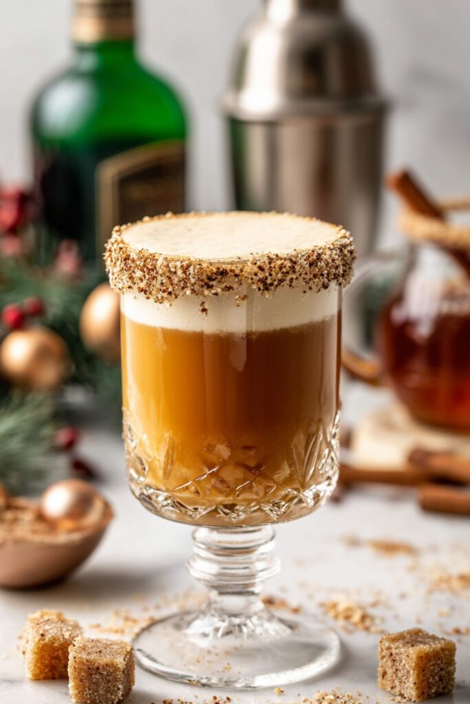 A steaming mug of hot buttered rum topped with a cinnamon stick, surrounded by warm spices on a marble countertop for a festive holiday setting.
