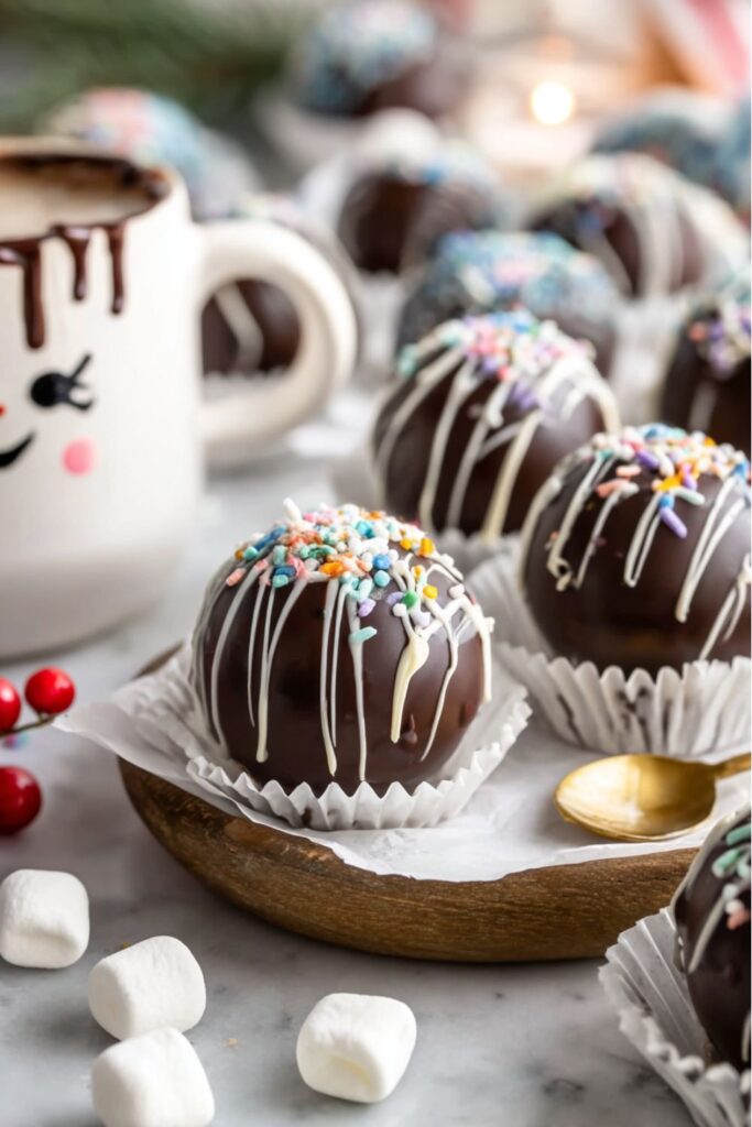 A close-up of dark chocolate hot cocoa bombs, a popular Christmas themed snack. The spherical chocolate shells are drizzled with white chocolate and topped with colorful pastel sprinkles. They are resting in white cupcake liners on a small wooden board next to a mug decorated with a smiling face and several marshmallows. These are excellent Make Ahead Christmas Desserts or fun to include in Holiday Baking.