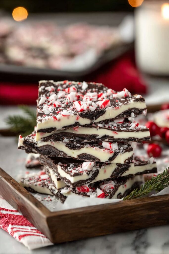​A tall stack of four pieces of dark chocolate and white chocolate bark, speckled with crushed candy canes, sits on a wooden serving tray. This festive, layered dessert, known as Peppermint Bark, is a popular quick Christmas dessert and one of the best Christmas no bake treats. The image includes a red-and-white napkin, pine sprigs, red berries, and a soft, glowing candle, suggesting these easy Christmas treats are ideal Christmas desserts to give as gifts.