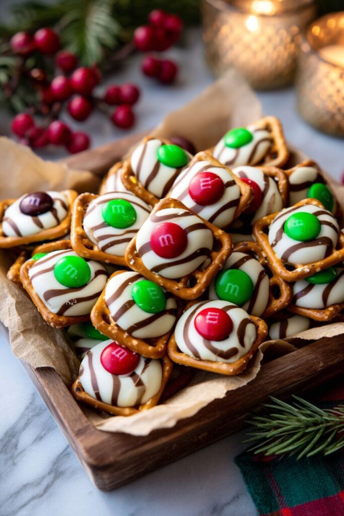 A stack of quick Christmas themed snacks (known as pretzel bites or Rolo pretzels) served in a rustic wooden tray lined with brown parchment paper. The snacks consist of square pretzels topped with melted white chocolate, a dark chocolate drizzle, and a red or green M&M candy. These are easy Make Ahead Christmas Desserts perfect for Holiday Baking.