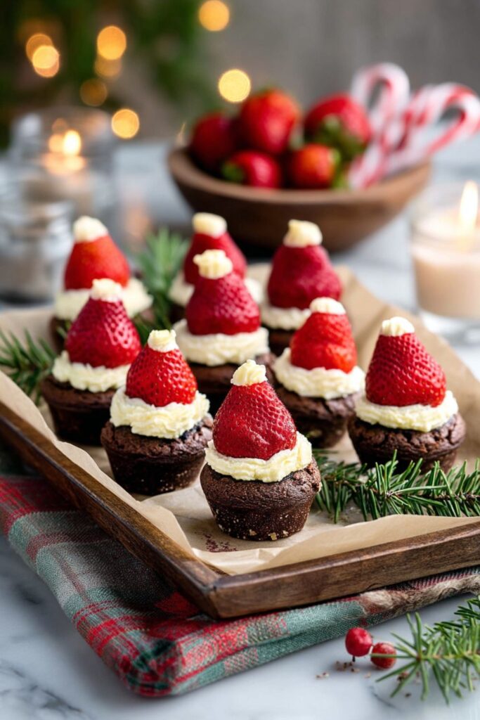 A dozen dark chocolate mini brownie bites topped with a swirl of cream cheese frosting and a fresh strawberry, resembling Santa hats, are arranged on a wooden tray lined with parchment paper. These visually appealing easy DIY Christmas desserts are a festive and quick Christmas dessert. The tray is placed on a plaid napkin, with a bowl of strawberries and candy canes, and glowing candles in the background, making them ideal easy desserts Christmas party snacks.