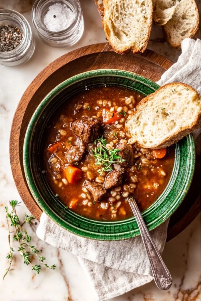 A green bowl of hearty Beef Barley Soup with carrots and herbs, served with a slice of rustic bread. An excellent Warm Winter Soup Dish for january meals.