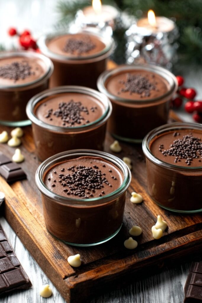 Six single serve Christmas party desserts, which are chocolate mousse cups topped with dark chocolate sprinkles on a wooden board.