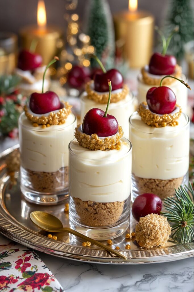 Seven single serve Christmas party desserts, like mini cheesecake cups, topped with a cookie crust rim and a fresh cherry.