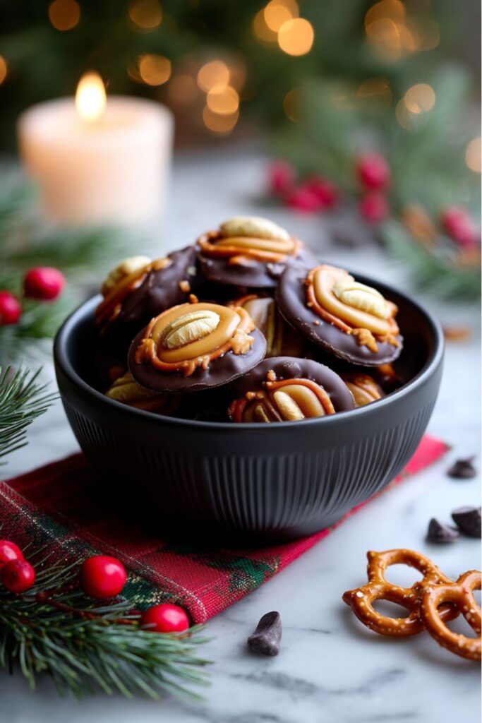 A small black ribbed bowl filled with peanut butter pretzel bites, which are easy Christmas treats made by topping chocolate-dipped pretzels with a dollop of peanut butter and a peanut half. These minimal ingredient desserts are a quick Christmas dessert presented on a festive red plaid napkin and a marble surface, surrounded by pine branches, red berries, and a soft, glowing candle in the background. They are an ideal easy desserts Christmas party snack.
