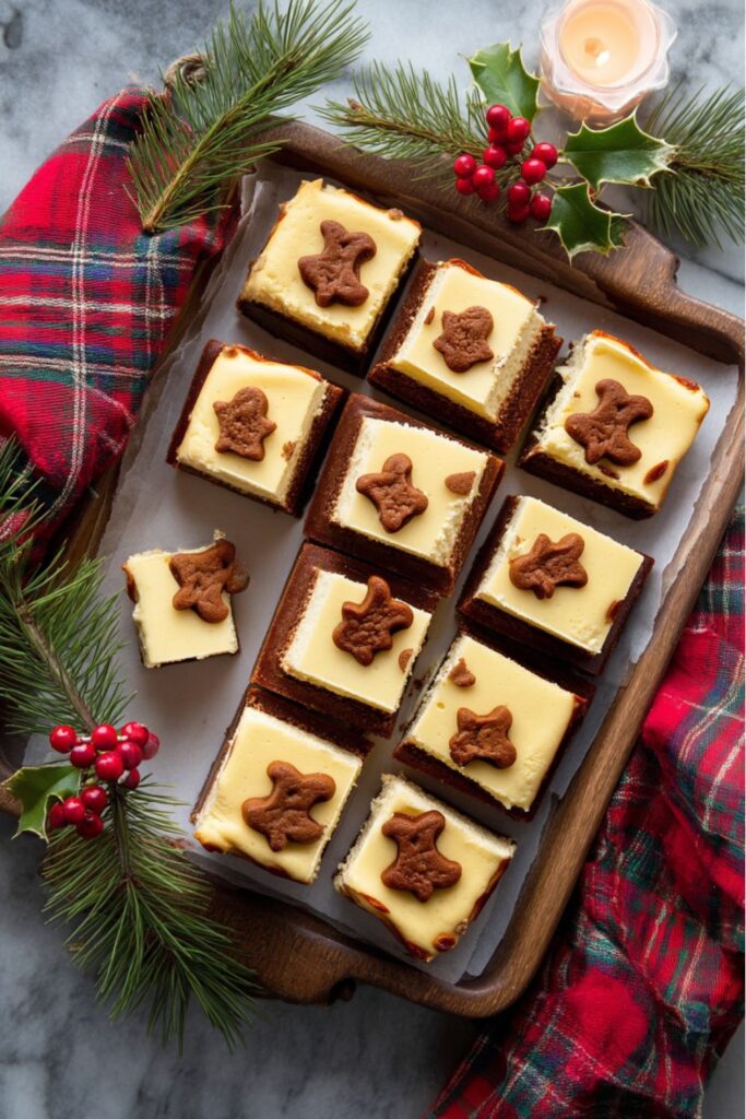 A wooden serving tray holds a collection of Gingerbread Cheesecake Bars, each square topped with a small gingerbread cutout in the shape of a person or star, perfect for Christmas Eve Dessert Ideas or Holiday Baking.