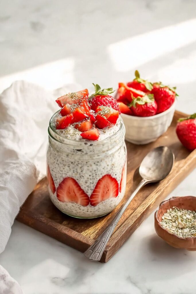 Overnight Quinoa Breakfast jar, layered with sliced strawberries, topped with creamy quinoa and chia seed mixture, more strawberries, and hemp seeds, served on a wooden board.