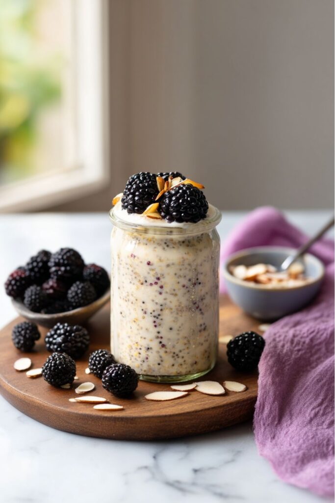 High Protein Quinoa Breakfast jar topped with blackberries, cream, and almond slices, surrounded by fresh blackberries and a small bowl of almonds on a wooden board.