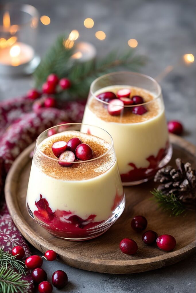 Two single serve Christmas party desserts with cranberry sauce and custard, topped with cinnamon and fresh cranberries.