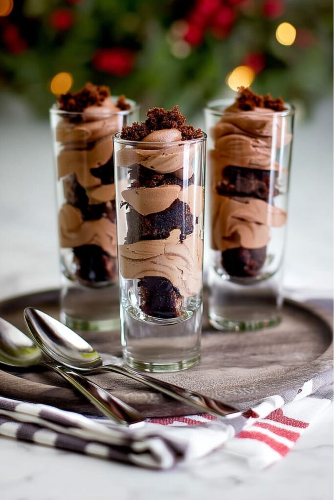 Three single serve Christmas party desserts, with layers of dark chocolate cake and smooth chocolate mousse in shot glasses.
