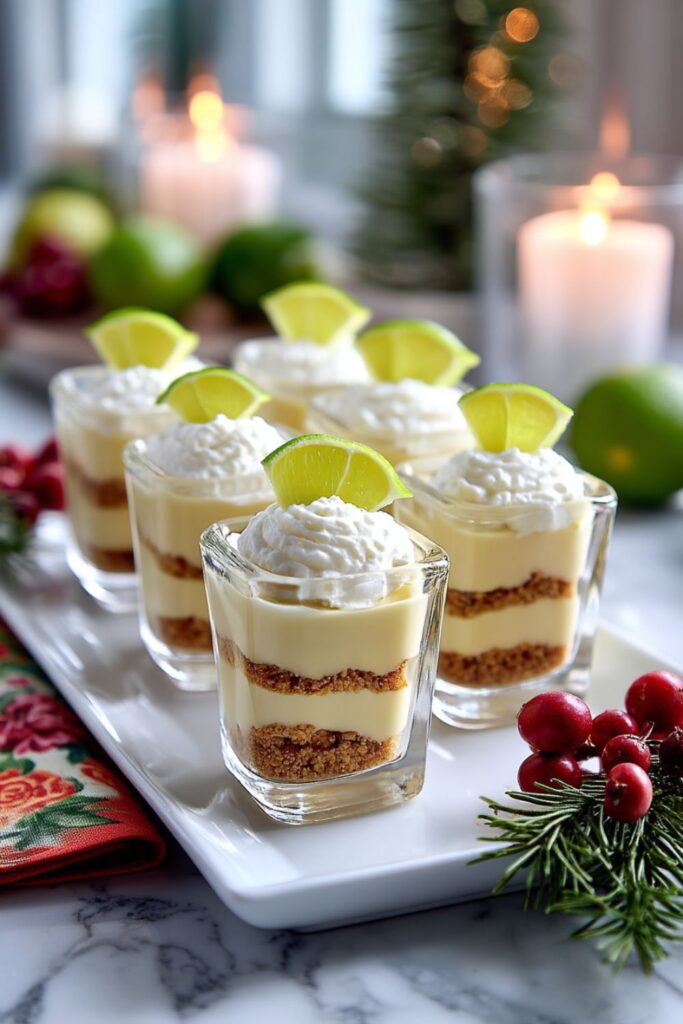 Six single serve Christmas party desserts, like mini key lime cheesecake cups, topped with whipped cream and a fresh lime slice.