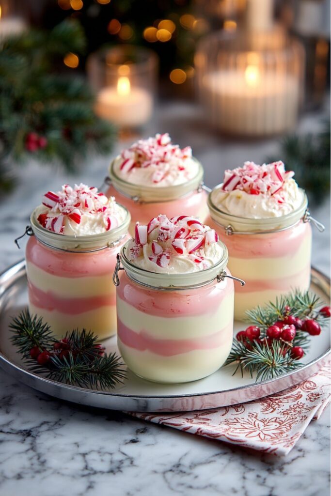 Four single serve Christmas party desserts layered with pink and white mousse, topped with whipped cream and crushed candy canes.