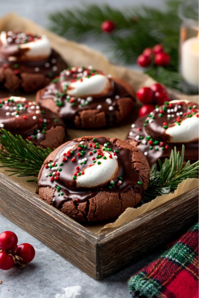 A wooden tray filled with rich, fudgy Hot Chocolate Marshmallow Cookies, each topped with a melted marshmallow, chocolate glaze, and festive red, white, and green sprinkles, perfect for Christmas Baking and Christmas Eve Dessert Ideas.