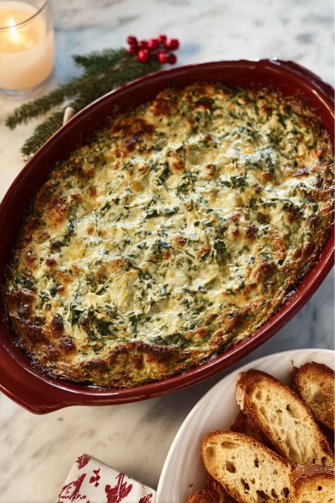 Warm spinach and artichoke dip from Ina Garten Christmas recipes, baked until golden and served with toasted baguette slices on a marble countertop.
