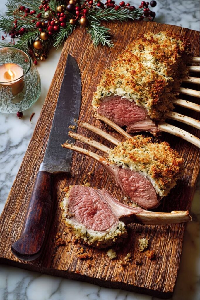 Golden-brown herb and goat cheese crusted rack of lamb from Ina Garten Xmas dinner recipes, sliced into chops and served on a marble countertop.