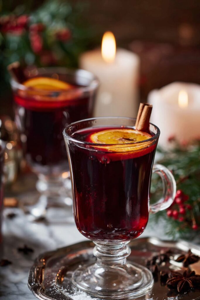 A warm glass of Italian mulled wine garnished with an orange slice and cinnamon stick, surrounded by spices and citrus on a marble countertop.
