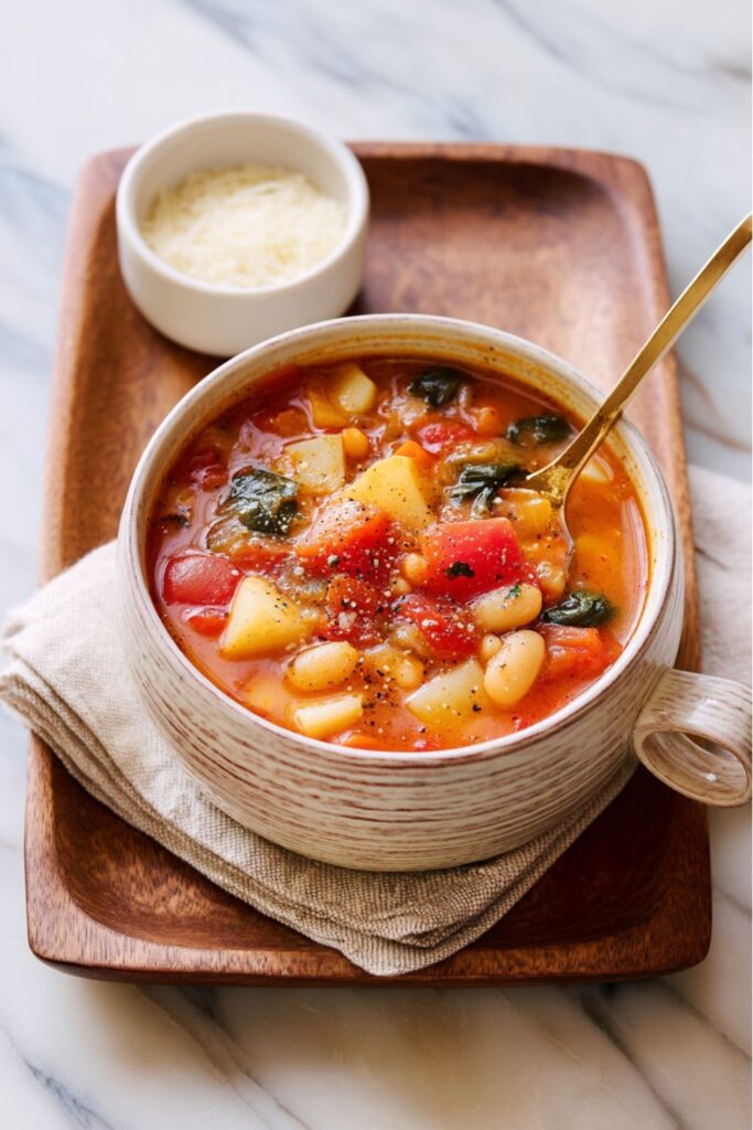 A hearty bowl of Vegetable Pasta Minestrone Soup, topped with pepper and served with a side of Parmesan. An easy weeknight January Recipe for National Soup Month.