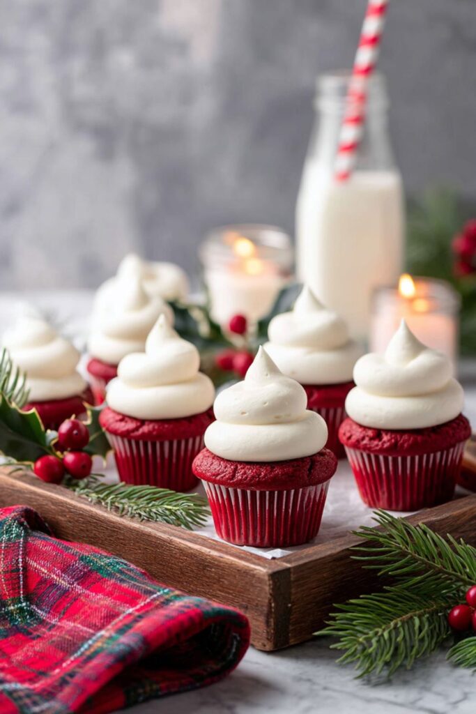 A wooden tray holds several bright red Mini Red Velvet Cupcakes, each topped with a generous swirl of white cream cheese frosting, making them a festive and Classic Christmas Dessert and Christmas Eve Dessert Idea.