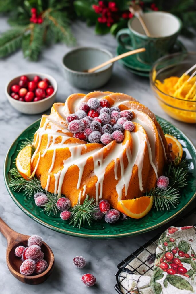 An Impressive Christmas Dessert of an Orange Cranberry Bundt Cake, generously drizzled with white icing, topped with frosted (sugared) cranberries, and garnished with fresh orange slices and pine sprigs on a festive green serving plate, making it a perfect Christmas Eve Dessert Idea.