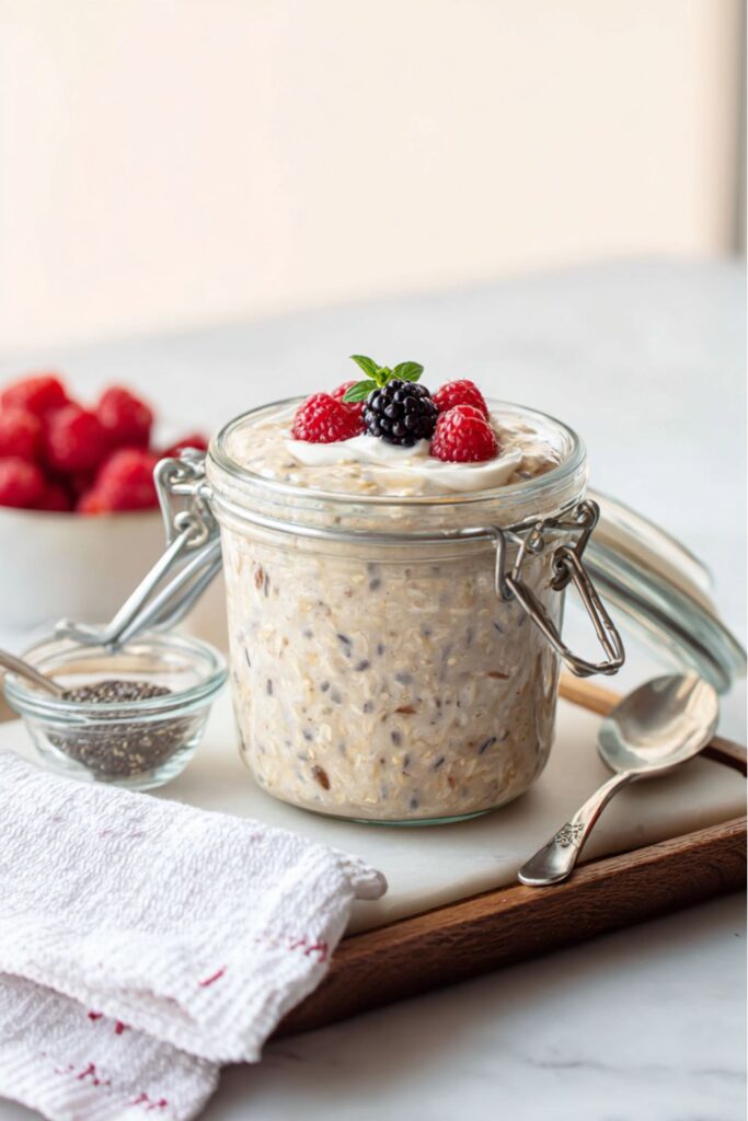 Quinoa Oats in a glass jar with a metal clasp, topped with yogurt, raspberries, and a blackberry, served on a marble tray next to chia seeds and a spoon.