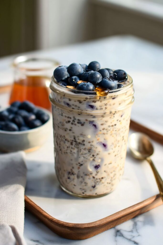 Overnight Quinoa Flakes Breakfast jar, filled with quinoa, chia seeds, and milk, topped with fresh blueberries, a drizzle of syrup, and a small bowl of blueberries nearby.