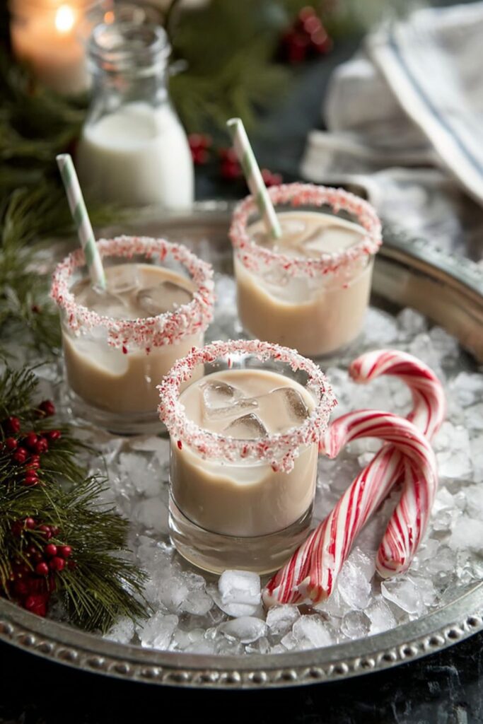 A chilled peppermint candy cane cocktail with crushed candy cane rim, creamy layers, and festive holiday garnish on a marble countertop.