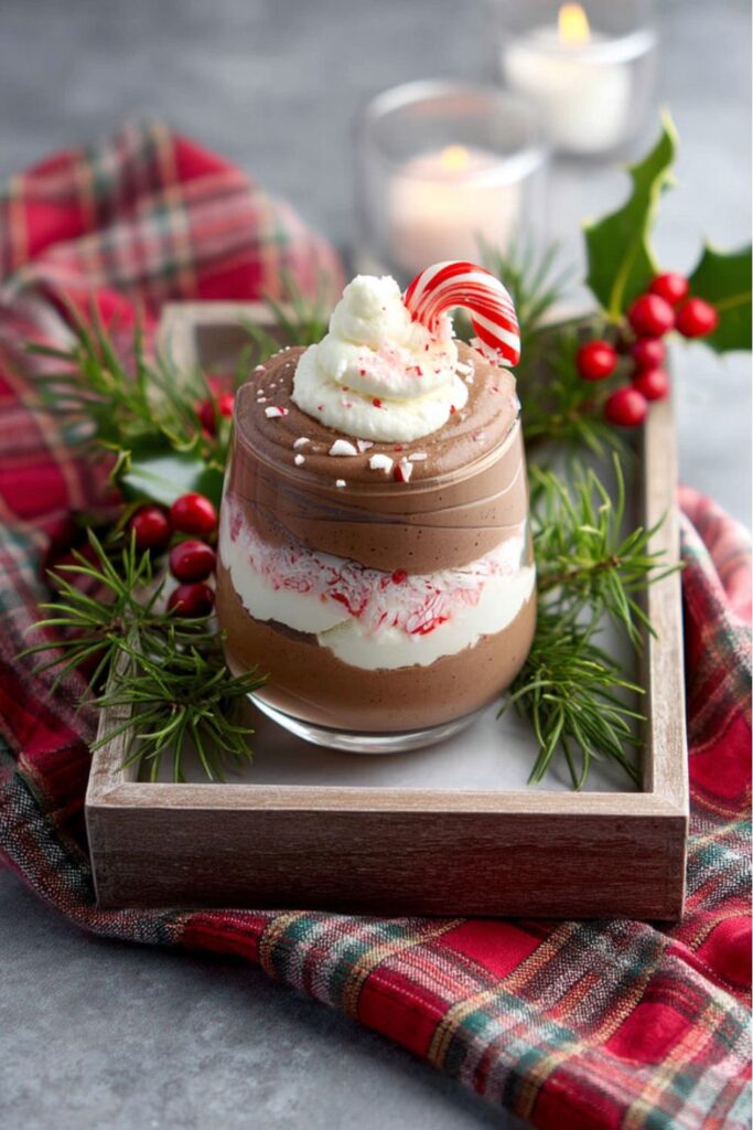 A clear glass dessert cup holding a decadent layered Peppermint Chocolate Mousse, topped with whipped cream and a mini candy cane, representing Luxury Christmas Desserts and an elegant Christmas Eve Dessert Idea.
