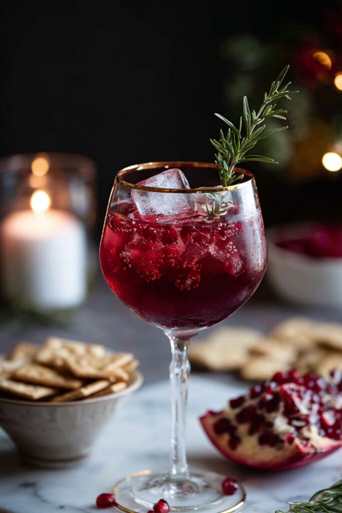 A tall glass of pomegranate Aperol spritz with ice, rosemary garnish, and pomegranate arils on a marble countertop surrounded by holiday decorations.