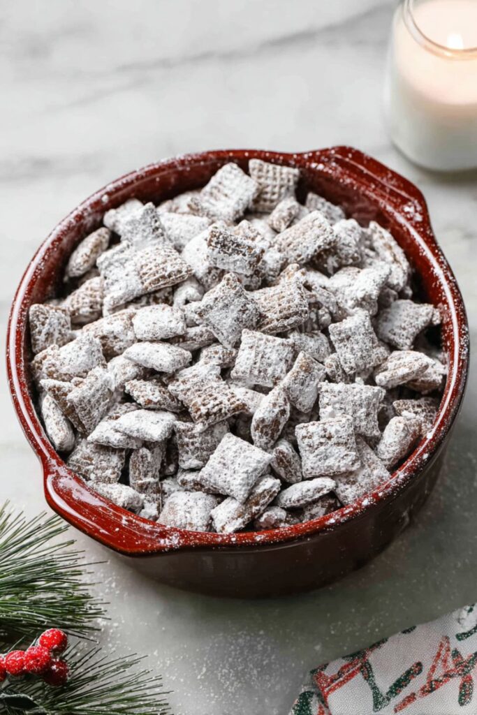 ​A close-up shot of a rustic, red bowl overflowing with quick Christmas desserts known as 'Puppy Chow' or 'Muddy Buddies.' The crunchy, chocolate-coated rice cereal squares are heavily dusted with a thick layer of powdered sugar, making them look like snowy, easy Christmas treats. A sprig of pine with red berry accents and a lit candle are visible in the background, suggesting these are shareable Christmas treats perfect for the holidays.