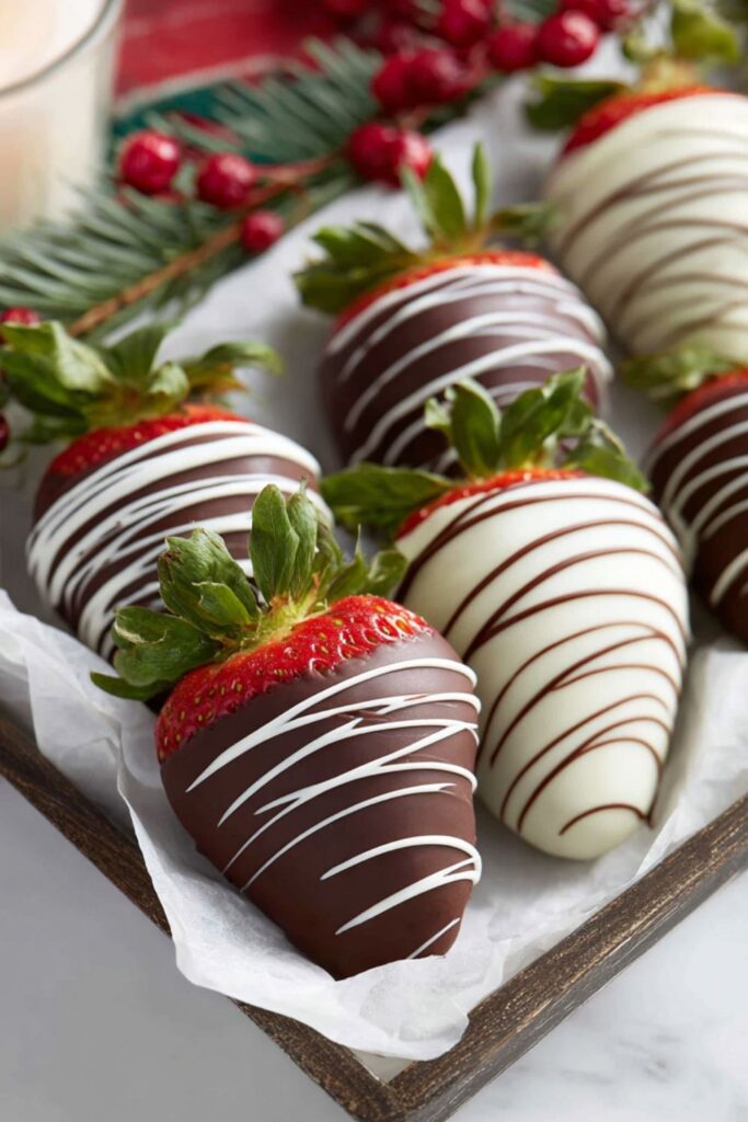 ​A close-up of a wooden tray lined with white parchment paper, holding several large, fresh strawberries that have been dipped in either dark or white chocolate and drizzled with the opposing color. These elegant, minimal ingredient desserts are a quick Christmas dessert and a classic example of Christmas no bake treats. The dark chocolate-dipped strawberry in the foreground is drizzled with white chocolate, emphasizing these as a delightful easy desserts Christmas party offering.