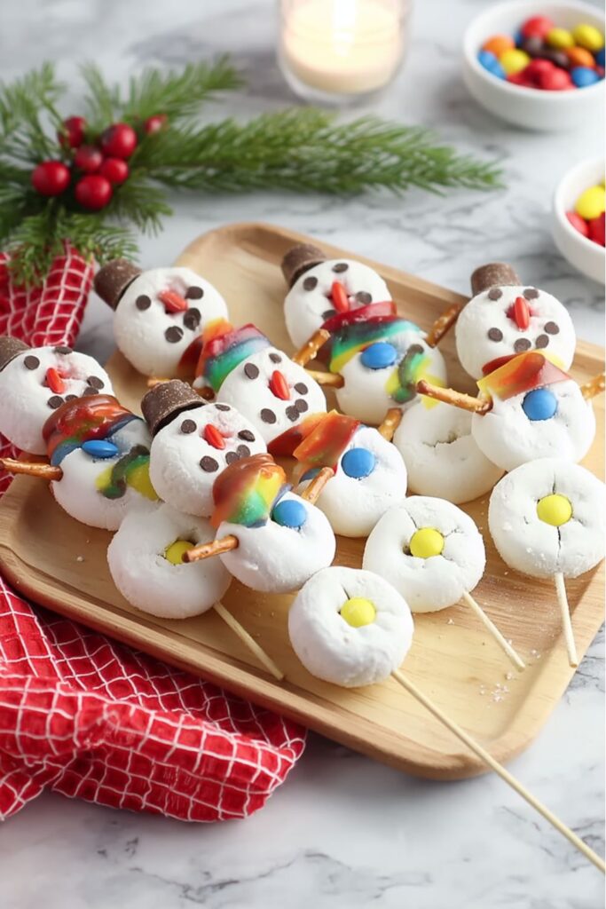 A platter of easy DIY Christmas desserts featuring "Snowman Donut Skewers." These easy Christmas treats are made from powdered sugar mini-donuts skewered on sticks, decorated with melted chocolate hats, pretzel arms, and colorful M&M candies for buttons and scarves. This quick Christmas dessert is presented on a wooden tray with a red plaid napkin, and festive greenery with red berries in the background, making them perfect shareable Christmas treats for an easy desserts Christmas party.