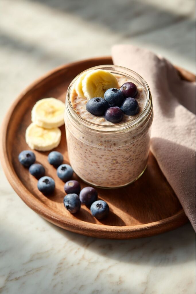 Quinoa Overnight Breakfast jar filled with creamy quinoa and chia seeds, topped with fresh banana slices and blueberries, served on a round wooden plate.