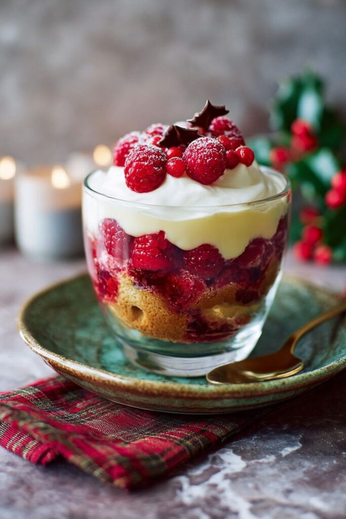 A gorgeous individual serving of Raspberry Amaretto Trifle layered with cake, custard, raspberries, and whipped cream, topped with a chocolate garnish, making it a beautiful Impressive Christmas Dessert and Christmas Eve Dessert Idea.
