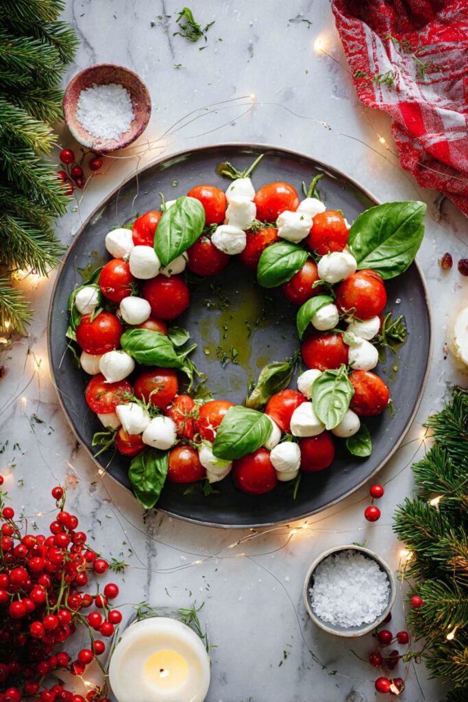 A festive Caprese wreath salad featuring cherry tomatoes, mozzarella balls, fresh basil, and baby spinach arranged in a circular wreath shape, drizzled with olive oil and balsamic glaze as a colorful red and green Christmas appetizer.