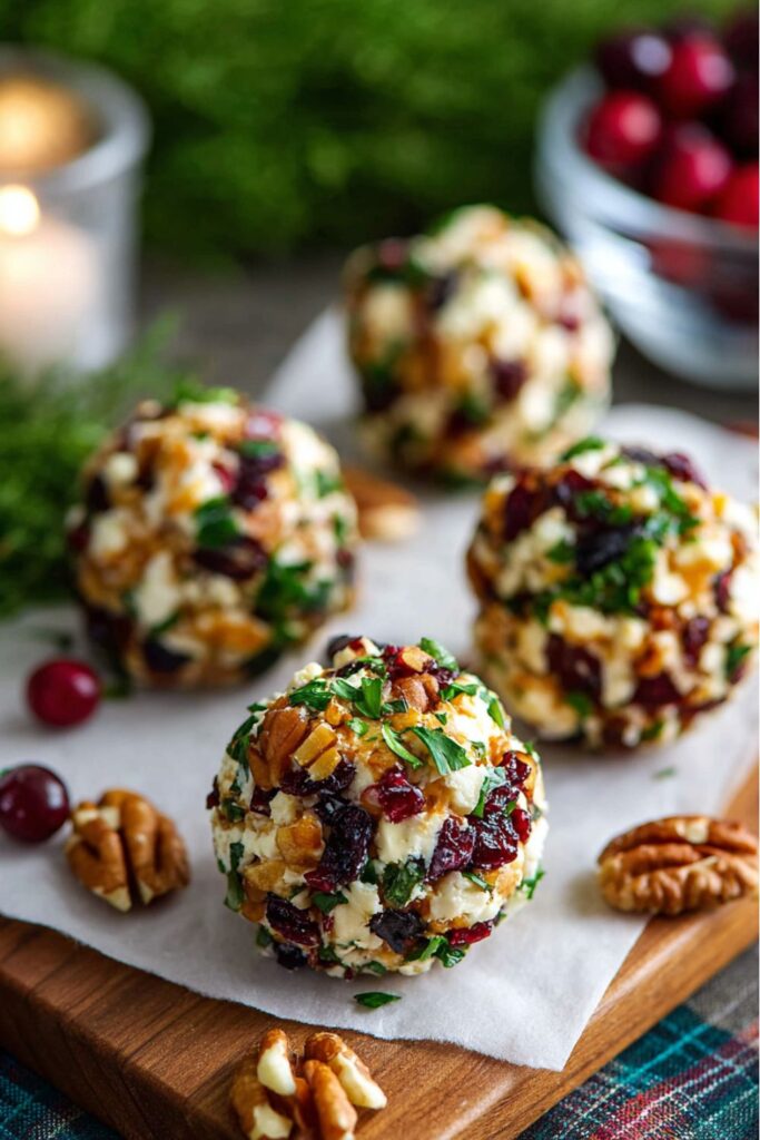 Festive goat cheese cranberry truffles coated in chopped pecans, dried cranberries, and fresh parsley, drizzled with honey, arranged on a marble countertop as red and green Christmas appetizers.