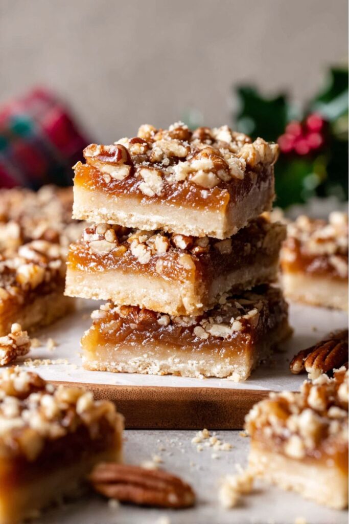 A tall stack of three golden brown Salted Caramel Pecan Bars, showcasing the shortbread crust and the gooey, nut-studded caramel filling, making a perfect Christmas Eve Dessert Idea and Make Ahead Christmas Dessert.