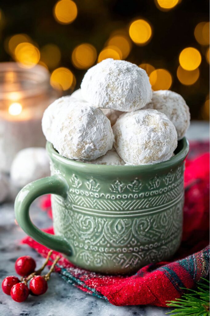 A green, ornate mug overflowing with white, powdered sugar-dusted Snowball Cookies, a festive and Classic Christmas Dessert perfect for Holiday Baking and Christmas Eve Dessert Ideas.