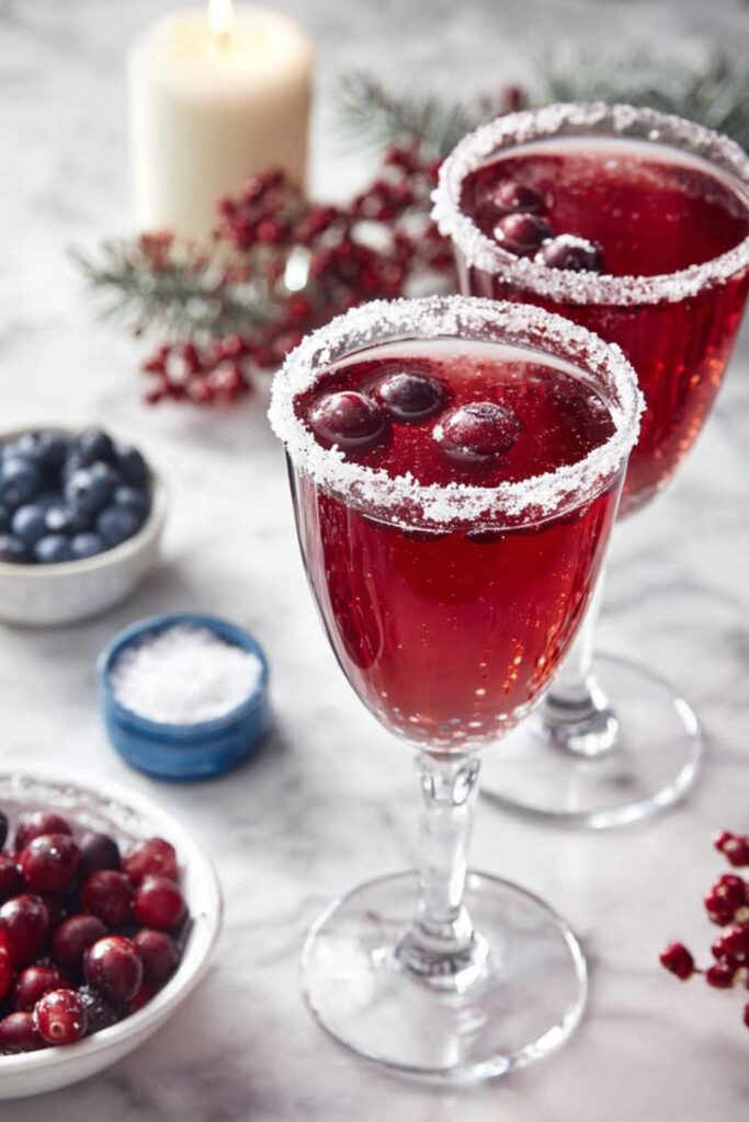 Two champagne flutes filled with sparkling cranberry mimosas, garnished with cranberries and rosemary sprigs on a marble countertop.