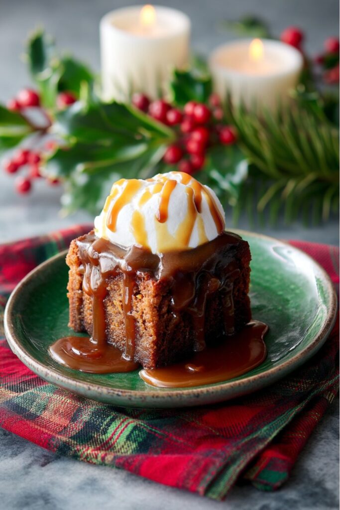 A single serving of warm Sticky Toffee Pudding drenched in toffee sauce, topped with a scoop of vanilla ice cream, served on a green plate, making it a delicious Traditional Christmas Dessert and Christmas Dinner Dessert.