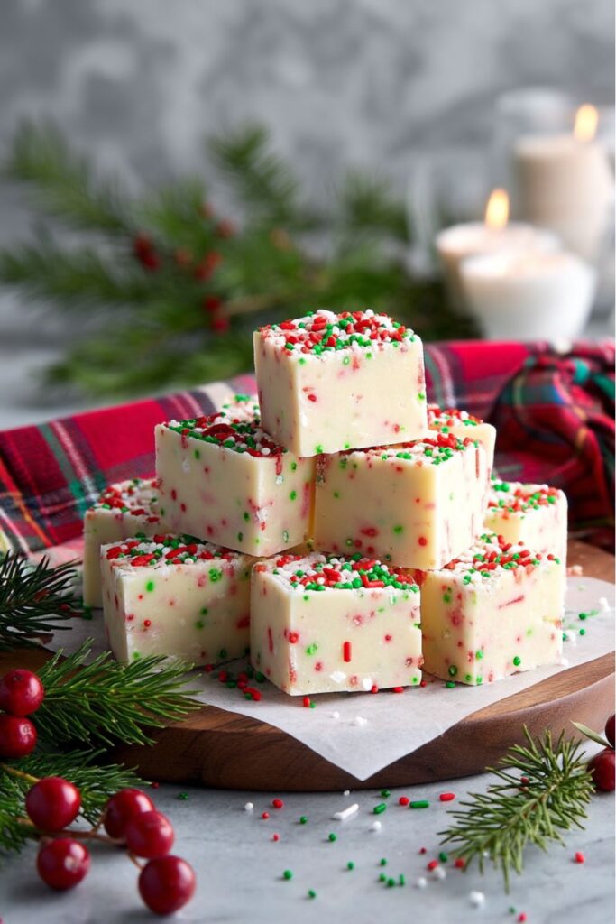 A festive pyramid stack of creamy white Sugar Cookie Fudge cubes, generously studded and topped with red, green, and white sprinkles, making it a perfect Make Ahead Christmas Dessert and a great Christmas Eve Dessert Idea.
