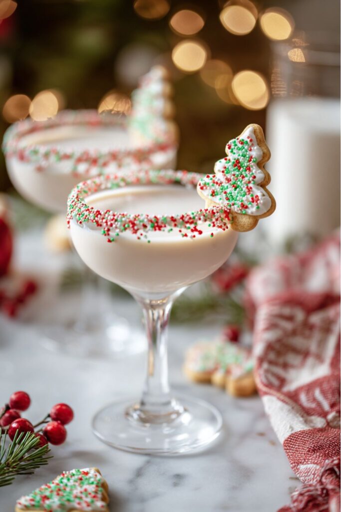A festive sugar cookie martini in a sprinkle-rimmed glass topped with a mini cookie, sitting on a marble countertop surrounded by Christmas ornaments.