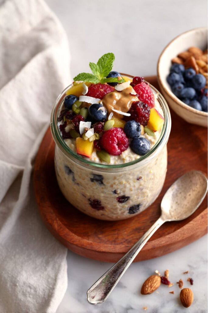 Vegan Breakfast Quinoa jar topped with an assortment of raspberries, blueberries, diced fruit, seeds, nut butter, and a mint leaf, served on a wooden tray.