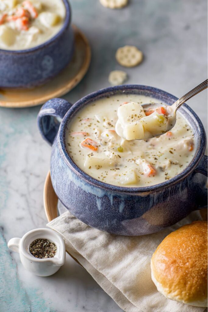 A blue bowl of creamy New England Clam Chowder with potatoes and carrots, served with a roll. A delicious Warm Winter Soup Dish for january meals and Chowders And Soups.