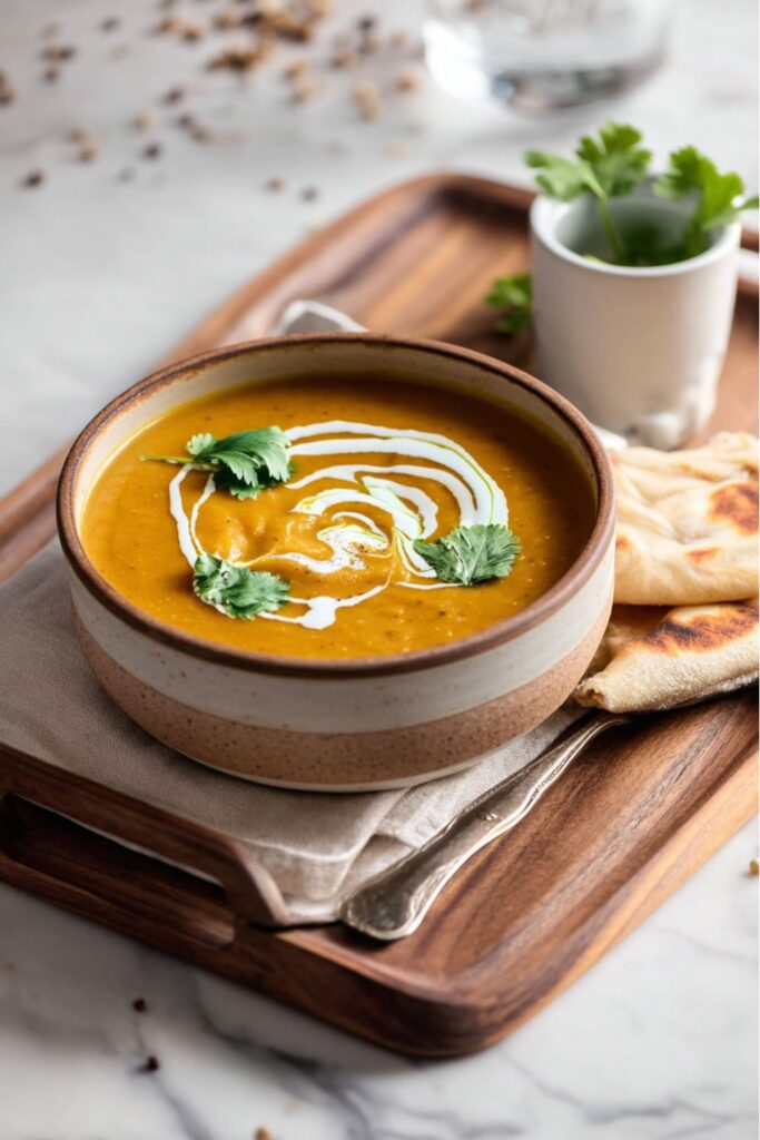 A creamy Butternut Curry Soup bowl, garnished with a swirl of cream and cilantro, served with flatbread. A spicy Immune-Boosting Winter Soup Recipe for January.