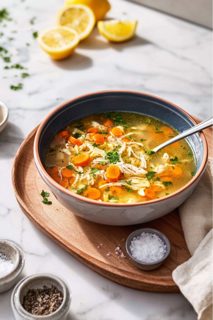 A comforting bowl of Chicken Noodle Soup with carrots and parsley. This Immune-Boosting soup is a great Winter Warm-up Soup Idea for flu season.